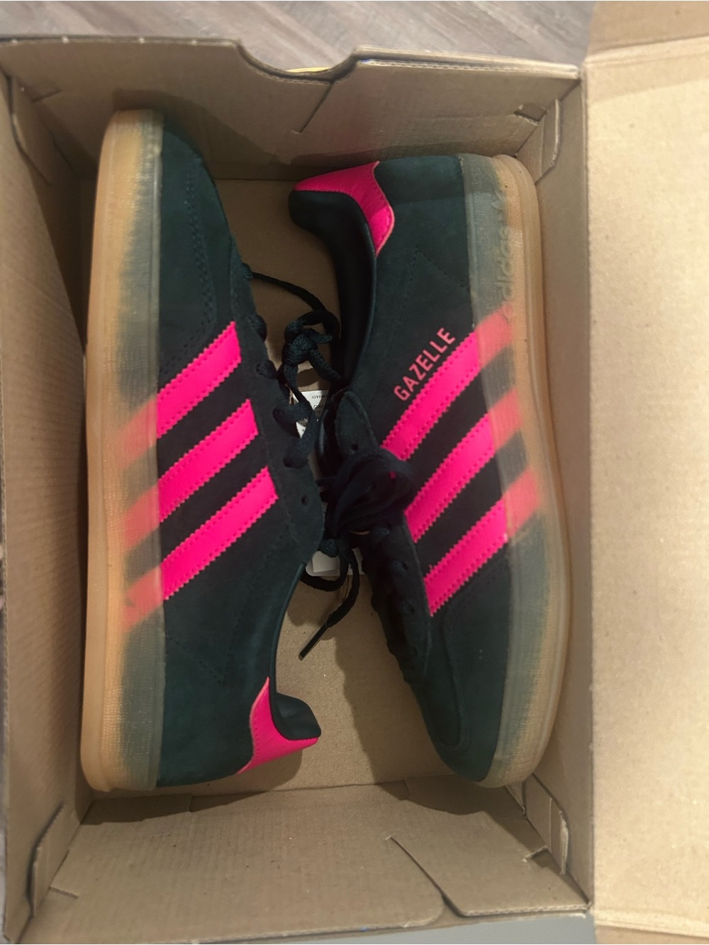 adidas Gazelle Women’s Dark Green Suede Sneakers with Pink Stripes